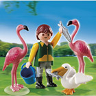 4758-Gardien de zoo avec flamants roses et pélican