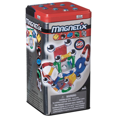 Set métal 60 pièces spéciales Magnetix !Un tout nouveau pack hyper qualitatif: Une boîte métal qui sert de rangement et de base de jeu !Contient un mix de 60 pièces spéciales aux coloris assortis: carrés, ressorts, connecteurs, courbes et plaques.Dimensio