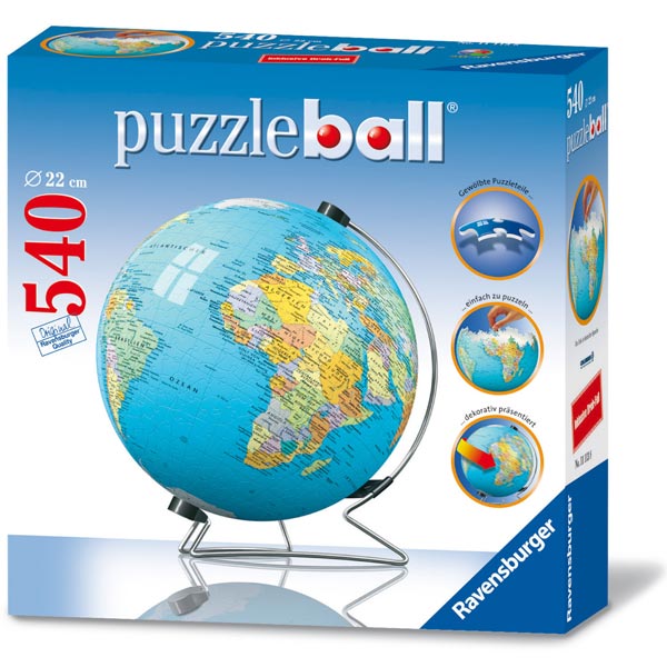 Puzzleball: Mappemonde avec support rotatif !Les pièces incurvées en plastique, s'emboîtent parfaitement et assurent une résistance optimale et un très bel aspect laqué.Pas besoin de colle, le puzzleball tient tout seul !!Contenu:540 pièces, 1 support rot