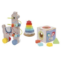 Coffret 3 jouets en bois bébé cube d'éveil - pyramide - lama à tirer