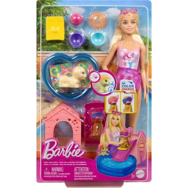 Barbie - Coffret cadeau avec voiture décapotable, piscine, poupées