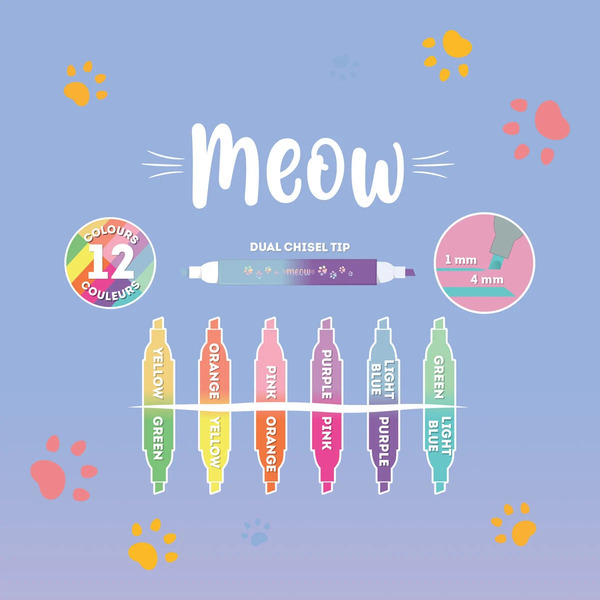 Legami - Set de 6 surligneurs à double pointe Chaton - Meow