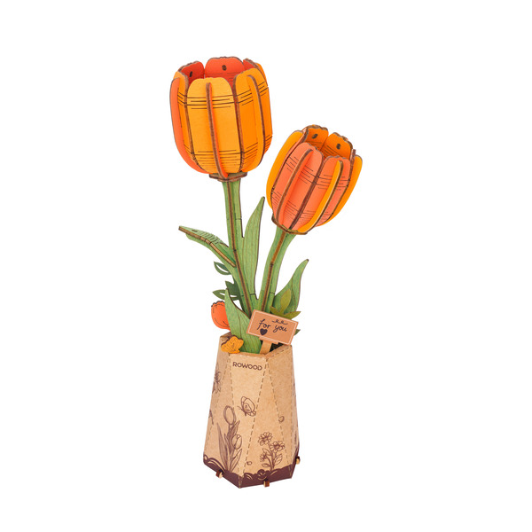 Puzzle fleur 3D en bois - Tulipe orange (76 pièces)