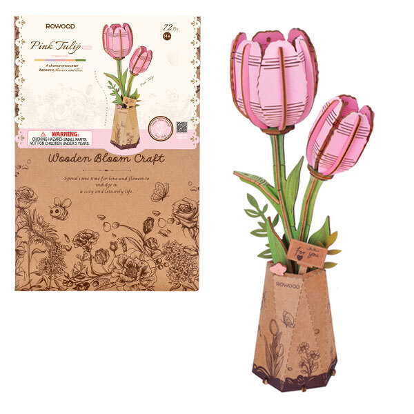 Puzzle fleur 3D en bois - Tulipe rose (72 pièces)