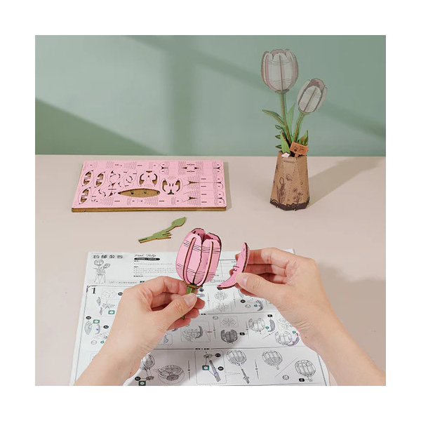 Puzzle fleur 3D en bois - Tulipe rose (72 pièces)