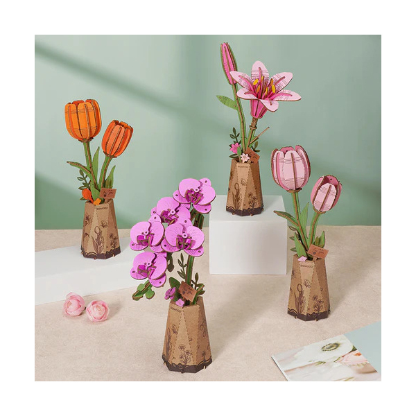 Puzzle fleur 3D en bois - Tulipe rose (72 pièces)