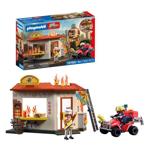 72195 - Playmobil Les pompiers - Restaurant en feu & quad de pompiers