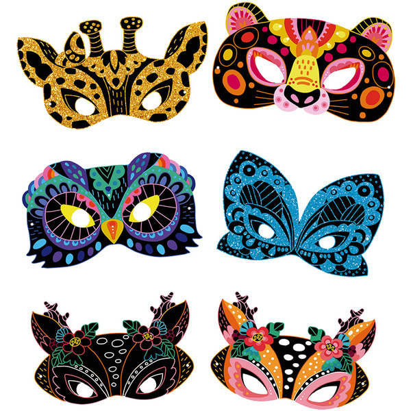 Lot De 24 Masques D'Animaux à Gratter Pour Enfants - Kit Créatif Avec Stylo Et Rubans