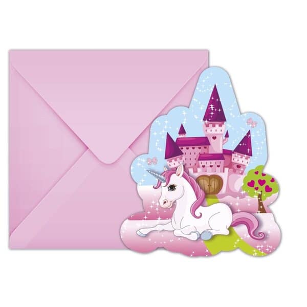 6 cartes d'invitation Licorne + Enveloppe