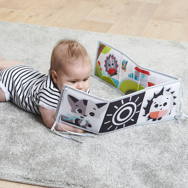 BBWOO Livre D'Éveil Double Face Tissu Bébé Noir Et Blanc - Stimulation Visuelle 0-12 Mois Avec Miroir & Anneau Dentition