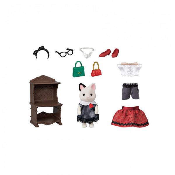 Sylvanian Families - 5462 - Grande sœur chat bicolore et sa valisette de mode