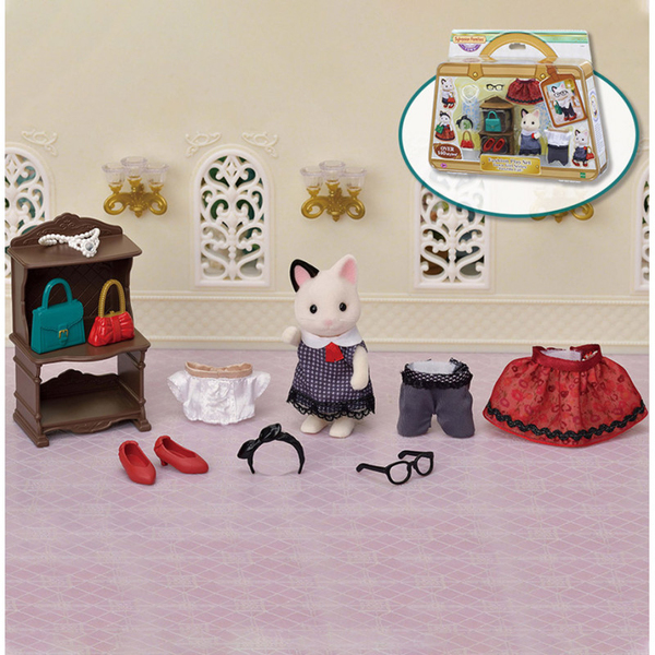 Sylvanian Families - 5462 - Grande sœur chat bicolore et sa valisette de mode