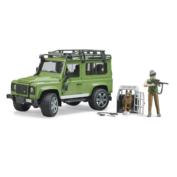 Land Rover defender station wagon avec figurine forestier et son chien