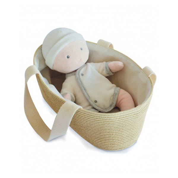 Poupon en chiffon avec couffin gris et blanc – 28 cm