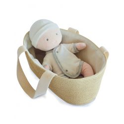 Poupon en chiffon avec couffin gris et blanc – 28 cm