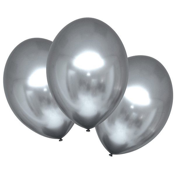 6 Ballons en latex argentés satinés 28 cm