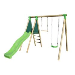 Portique en bois avec toboggan - balançoire et trapèze 