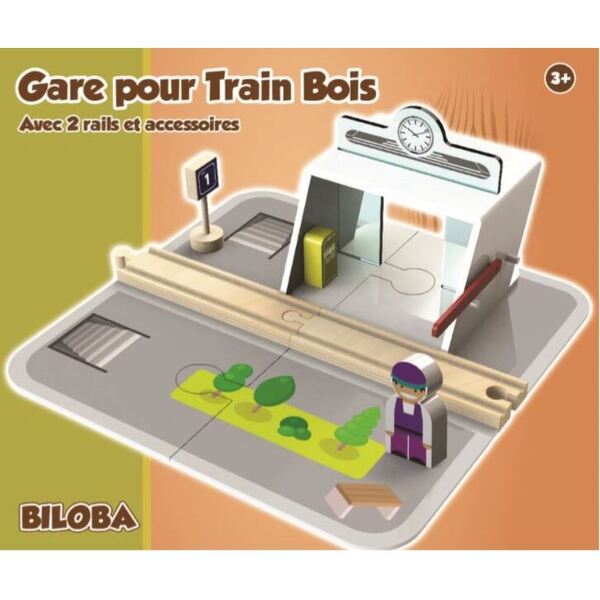 Gare moderne avec rails et accessoires en bois 