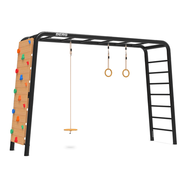 Aire de jeux Playbase Large avec balançoire soucoupe anneaux et mur d escalade