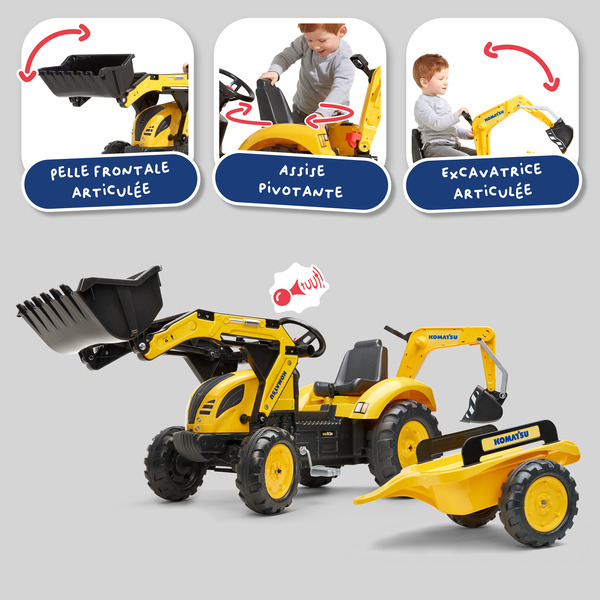 Tractopelle à pédales Komatsu WB93R avec excavatrice et remorque