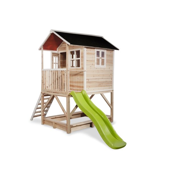 Maison en bois Loft 500 avec toboggan et bac à sable