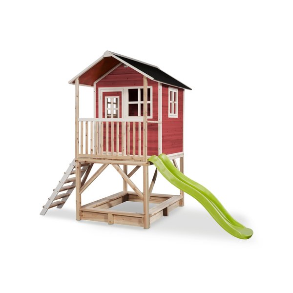 Maison en bois Loft 500 rouge avec toboggan et bac à sable