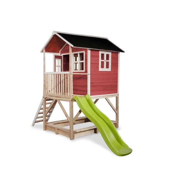 Maison en bois Loft 500 rouge avec toboggan et bac à sable