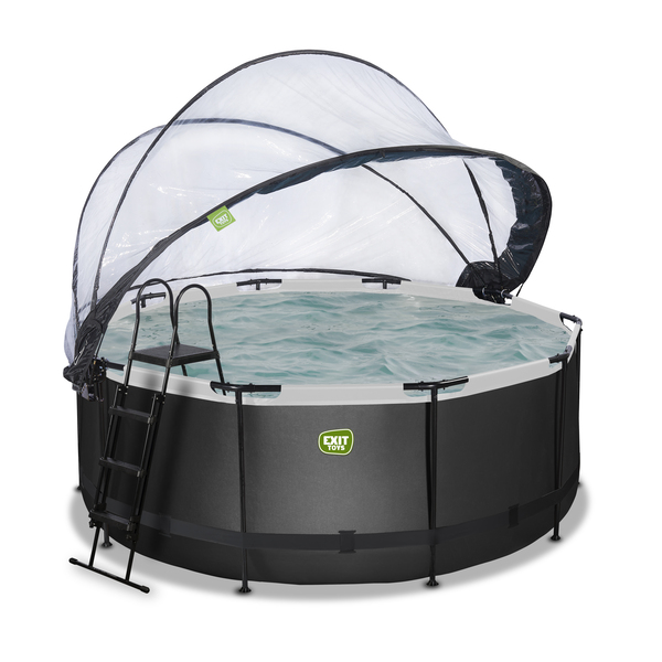 Piscine 360x122cm noir avec dôme, pompe filtrante sable et pompe à chaleur