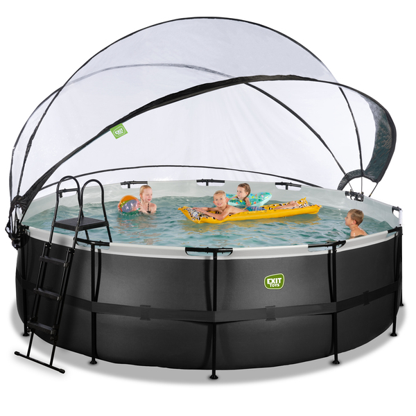 Piscine 450x122cm noir avec dôme, pompe filtrante sable et pompe à chaleur