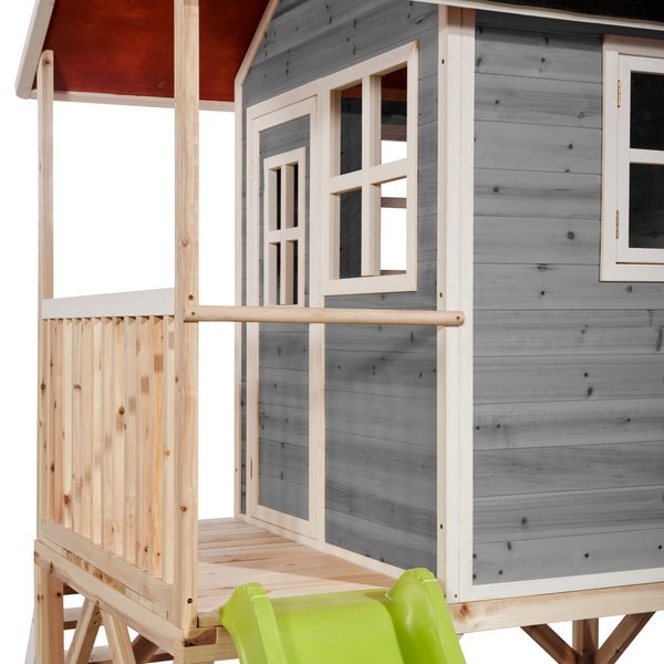 Maison en bois Loft 500 grise avec toboggan et bac à sable