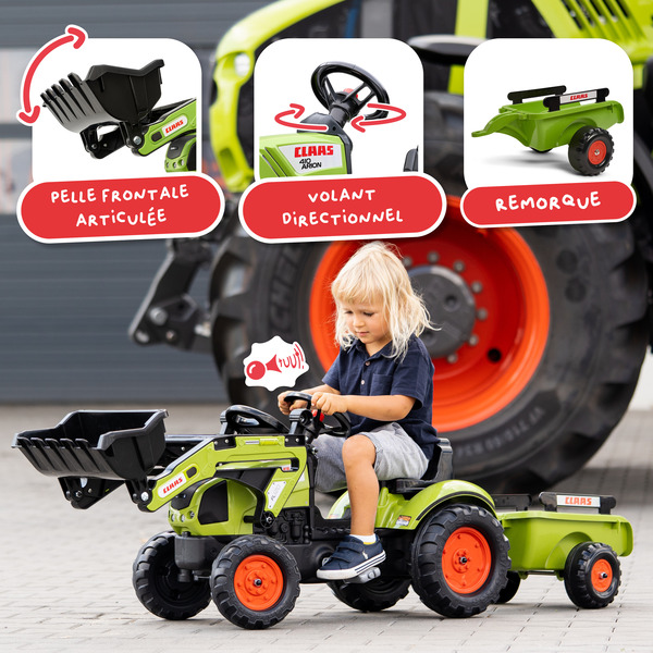 Tracteur à pédales Claas avec pelle et remorque
