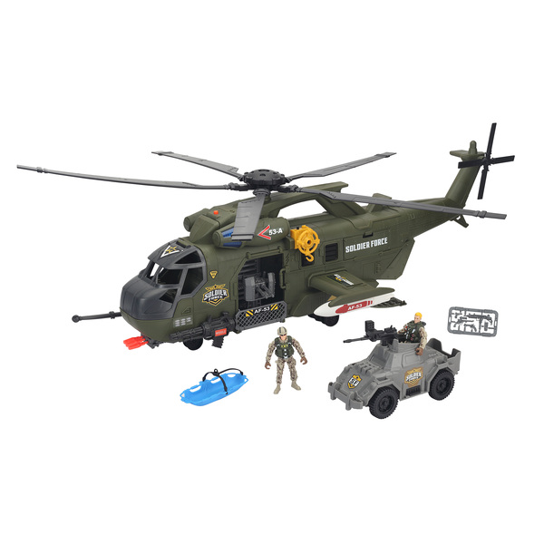 Hélicoptère militaire avec 2 figurines soldat et jeep