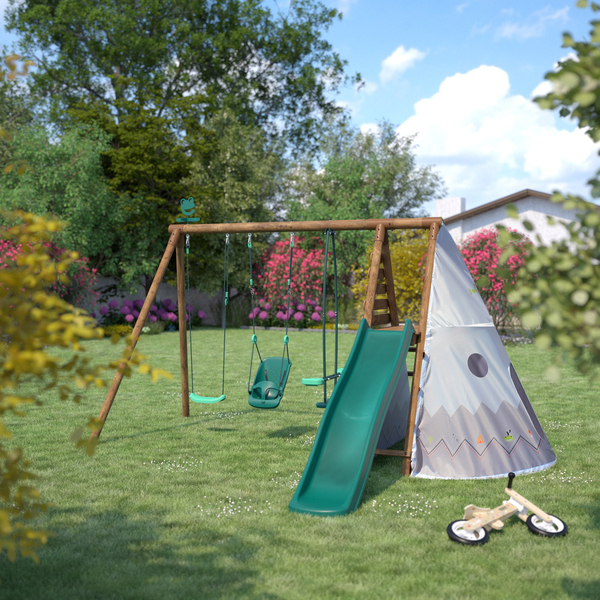 Aire de jeux en bois avec tipi et toboggan Camélia