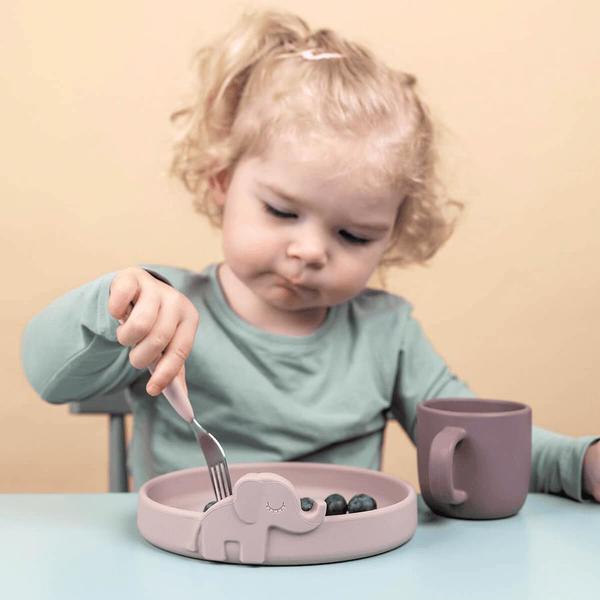 Set De Table Bébé 5 Pièces En Silicone Avec Ventouse - Assiette, Bol, Bavoir, Cuillère Et Fourchette, Vert Éléphant