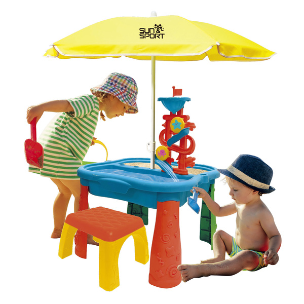 Table de jeu sable et eau avec accessoires et parasol