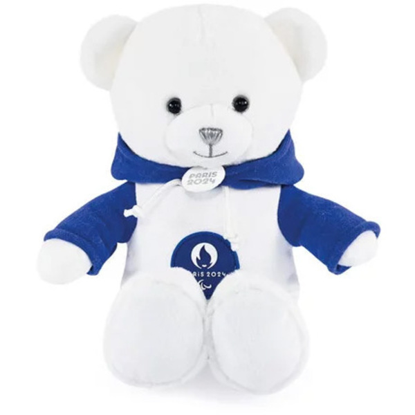 Peluche ours blanc JO Paris 2024 avec sweat à capuche bleu