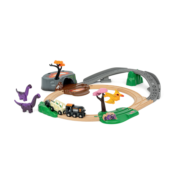 Coffret circuit de train en bois aventure dinosaures