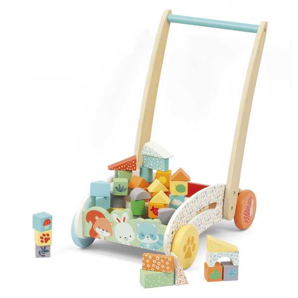 Chariot de marche en bois avec blocs de construction