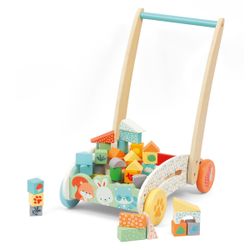 Chariot de marche en bois avec blocs de construction
