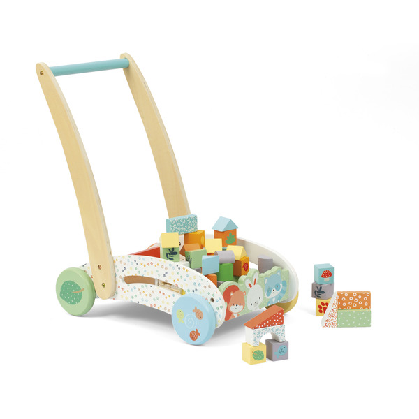Chariot de marche en bois avec blocs de construction