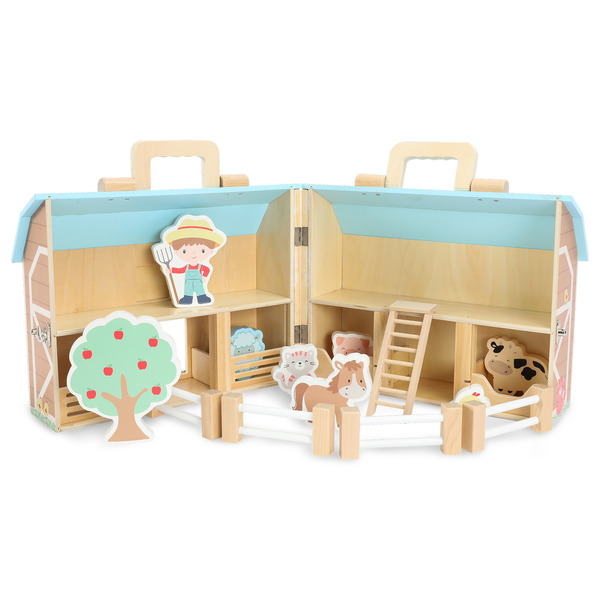 Ferme en bois transportable 34 cm avec personnages 