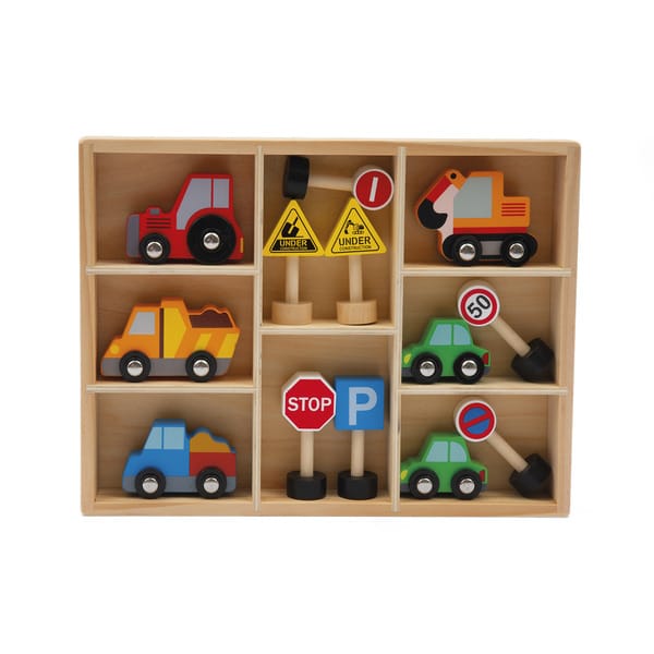 Coffret de voitures en bois avec panneaux de signalisation