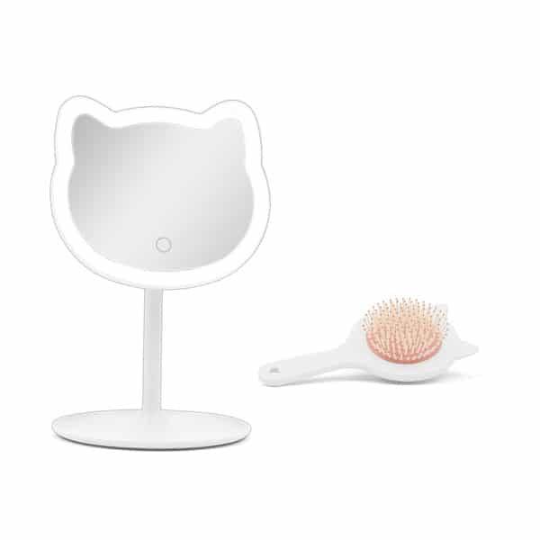 Miroir portable lumineux avec brosse en forme de chat