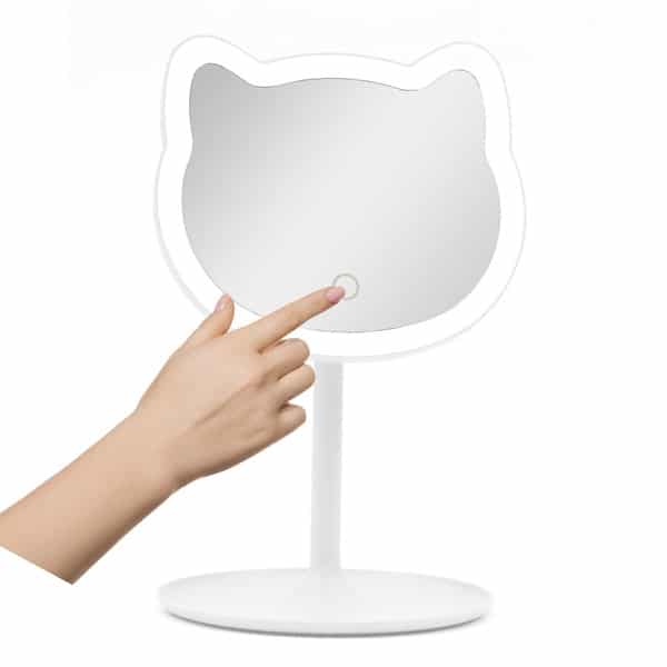 Miroir portable lumineux avec brosse en forme de chat