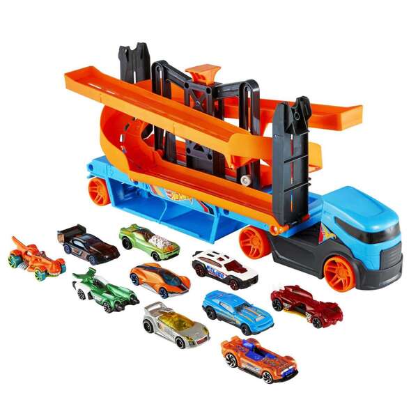 Camion transporteur Lift & Launch et 10 véhicules - Hot Wheels