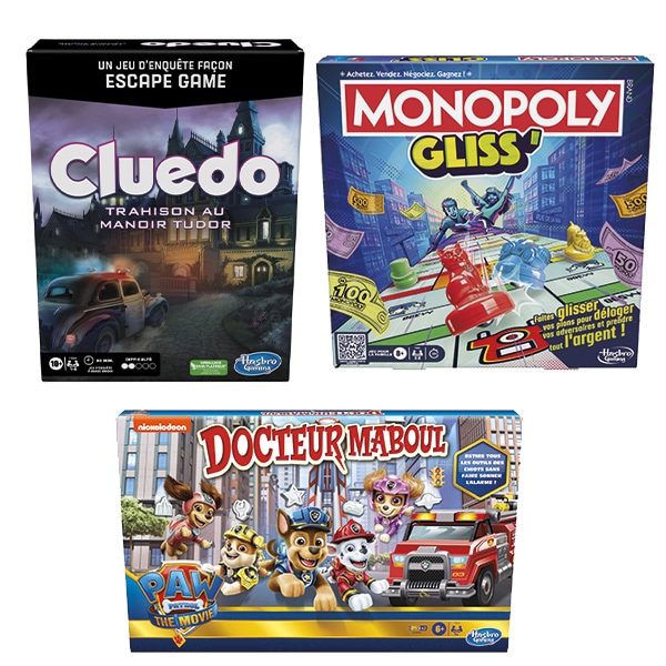 Pack 3 jeux Monopoly Gliss, Docteur Maboul Pat Patrouille et Cluedo Escape