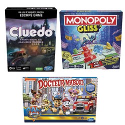 Pack 3 jeux Monopoly Gliss, Docteur Maboul Pat'Patrouille et Cluedo Escape