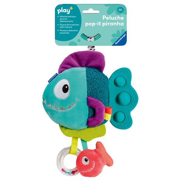 Peluche d éveil Pop It Piranha bleu avec accroche - Play + 