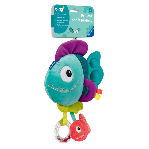 Peluche d éveil Pop It Piranha bleu avec accroche - Play + 