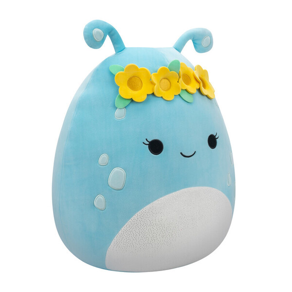 Peluche Squishmallows Natnat l extraterrestre bleu pastel avec une couronne de fleurs